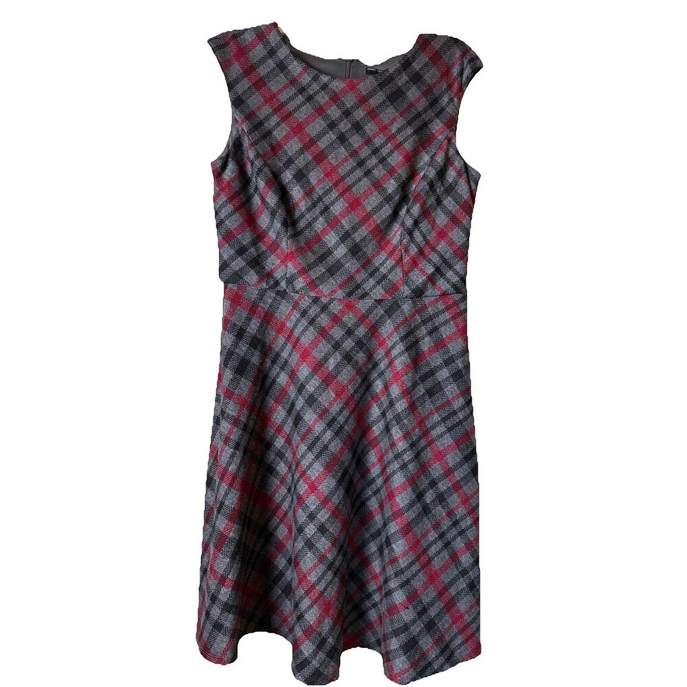 MAGGY LONDON Knit Midi Unlined Dress Size 12 Gray‎ Wine Plaid Preppy School Girl